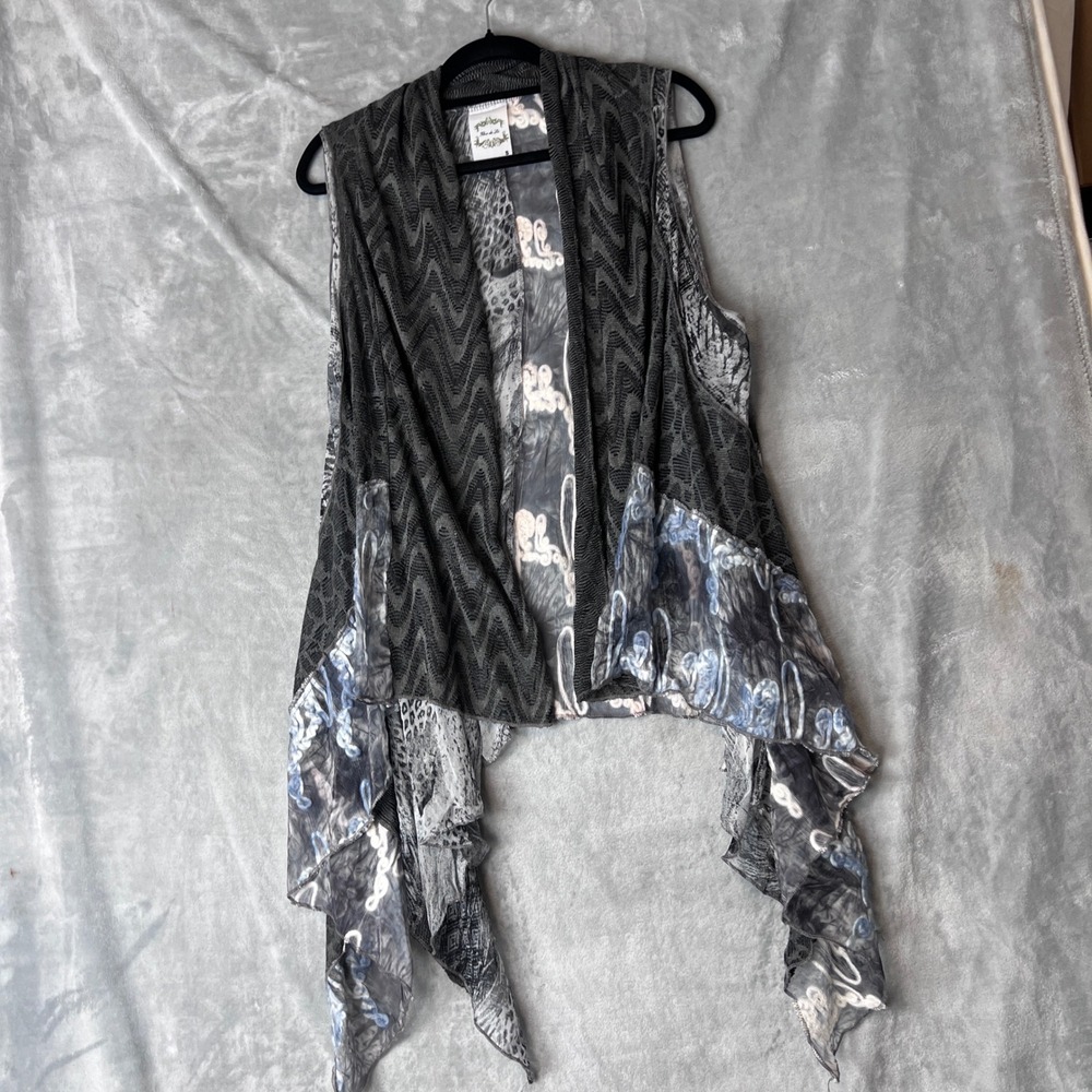 Fleur de Lis Womens Boho Mixed Print Handkerchief Hem Open Front Vest Small - Picture 2 of 10